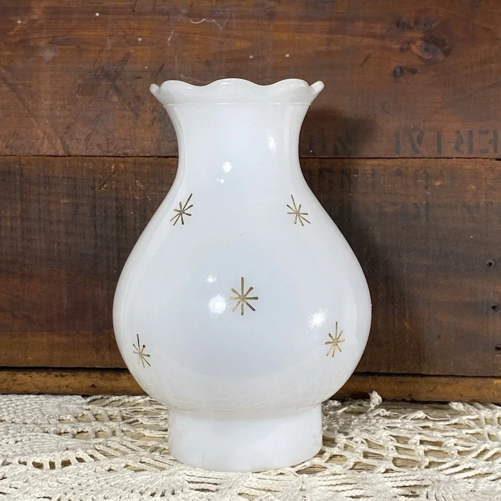 VTG MCM Atomic Gold Starburst Milk Glass Hurricane Lamp Shade Scalloped Top Mint